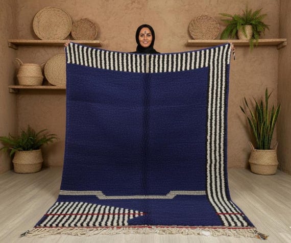 Handmade Navy Blue Berber Rug, Moroccan Wool Carpet, Custom Size