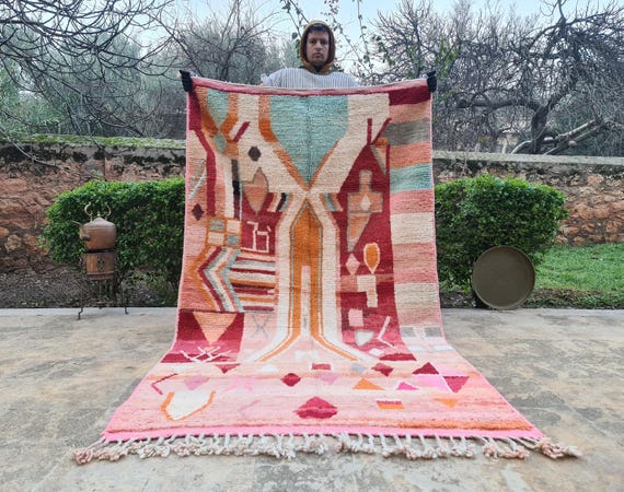 Boujaad Pink Area Rug - Custom Size Moroccan Style Rug with Warm Tones - Artistic Boho Chic Decor for Living Room & Bedroom Aesthetic