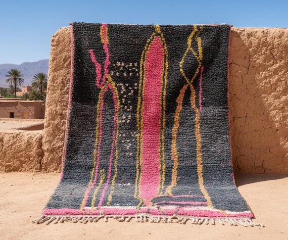 Pink Abstract Moroccan Wool Rug - Handmade Berber Carpet Grey & Black Geometric Design