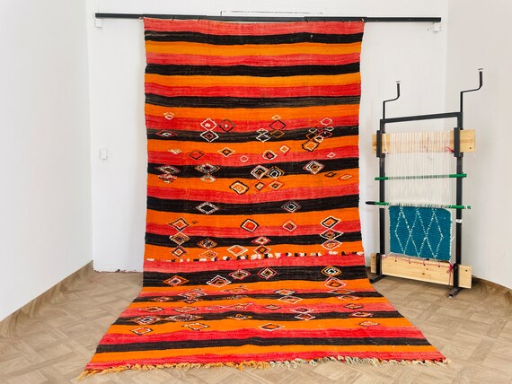 Rugs, Home Decor, Area Rug, Kilim, Living Room Rug, Wool Rug, Red Rug, Vintage Rug, Orange Rug, Bohemian Rug, Stiped Rug, Flatweave Rug