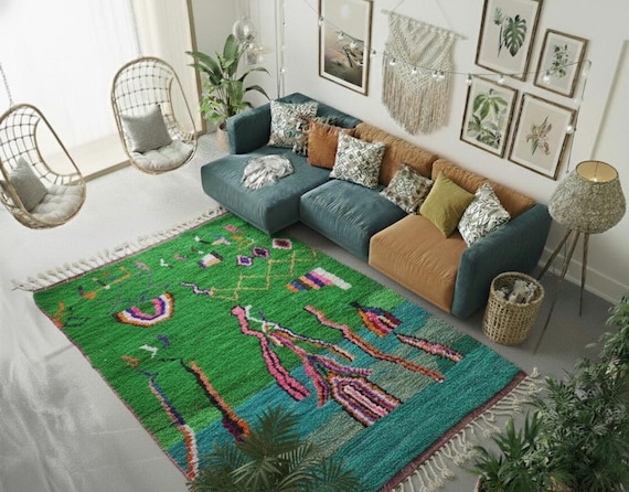 Personalized Green Wool Moroccan Rug, Berber Handmade Rug