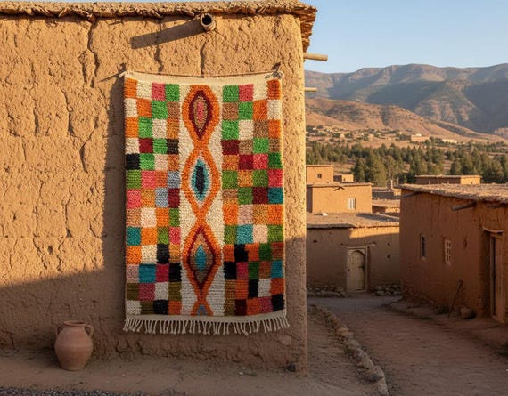 Custom Boujaad Moroccan Rug | Pink Shaggy Wool Area Rug | Living Room Bohemian Sofa Decor