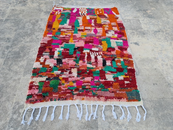 Handmade Berber Boujaad Rug: Colorful Abstract Moroccan Wool Carpet