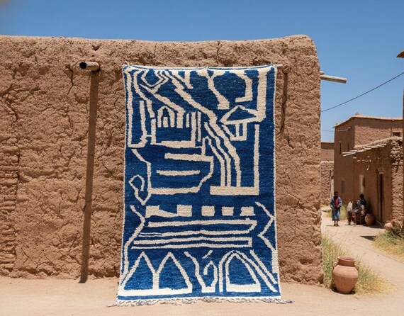 Hand Knotted Wool Rug: Blue White Abstract, Luxury Living Room Carpet