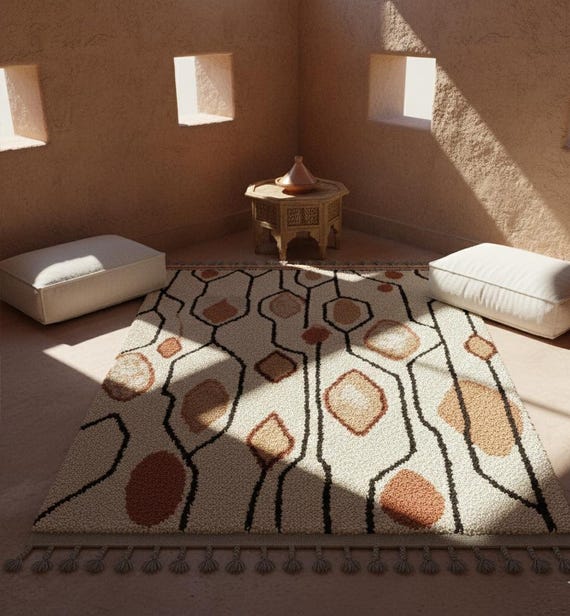 Terracotta & Cream Wool Rug, Geometric Pattern | Handmade Berber Area Rug | Bohemian Style | BERBERUGALLERY