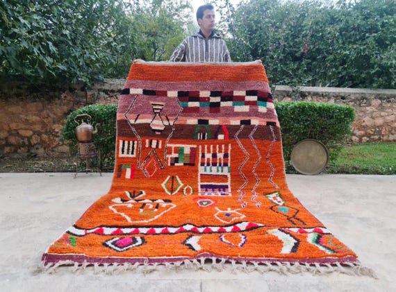 Orange Moroccan Rug - Boujaad Wool 9x12 Berber Rug - Area Rugs Cute - Rugs for Living Room & Bedroom - Moroccan Floor Decor Gift