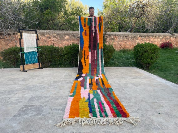 Add a Pop of Color! Orange Pink Beni Ourain Runner – Handmade Moroccan Wool Rug – White Berber Runner – Hallway or Entry Rug