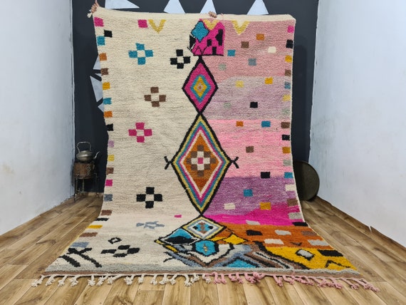 Neutral Area Off White Rug, Beni Ourain Pink & White Rug, Custom Moroccan Shag Rug, Minimalist Throw Rug, Genuine Lamb Wool, Tapis Marocain