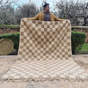 Moroccan Rug Custom - Checker Beige Rug - Berber Wool Rug - Handmade Furniture - Large Rugs For Living Room - Bohemian Decor