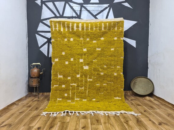 Moroccan Beni Ourain Yellow Rug - Yellow Handcrafted Rug - Geometric Nursery Gift Woven - Beni ourain Blanket - Yellow Carpet