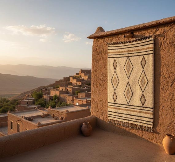 Handwoven Moroccan Wool Rug: White, Brown, Black Boho Diamond Carpet | BERBERUGALLERY