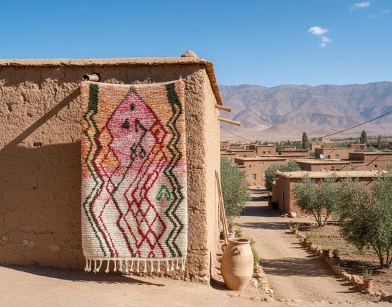 Custom Moroccan Boujad Rug: Hand-Knotted Wool, Colorful Bohemian Carpet