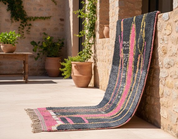 Thick Textured Berber Carpet | Geometric Pink & Grey Wool Rug | Handmade Moroccan Entryway