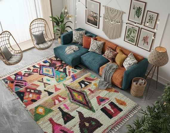 Handwoven Moroccan Boujaad Wool Rug: Multicolored Berber Design