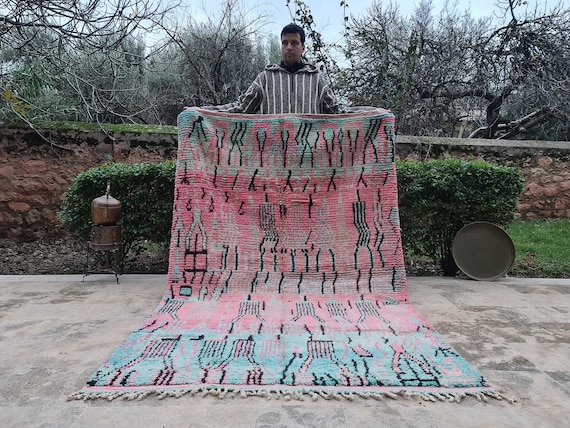 Pink Moroccan Rug Bedroom - Light Blue Area Rug Nursery - Cool Rugs For Living Room - Handmade Creative Wall Decor