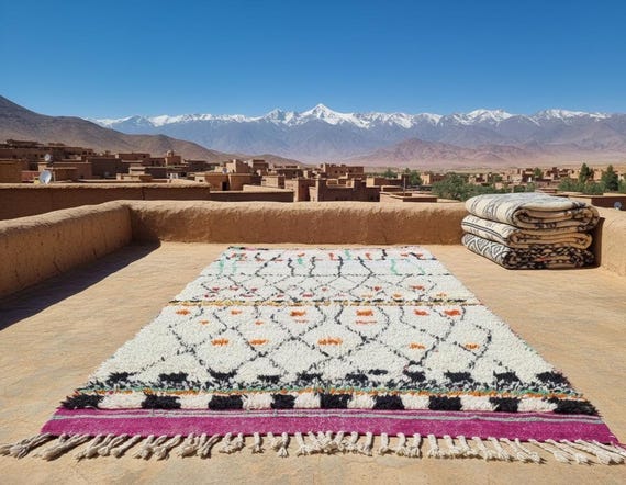 8x10 Moroccan wool rug, off white Azilal Berber rug for living room home decor