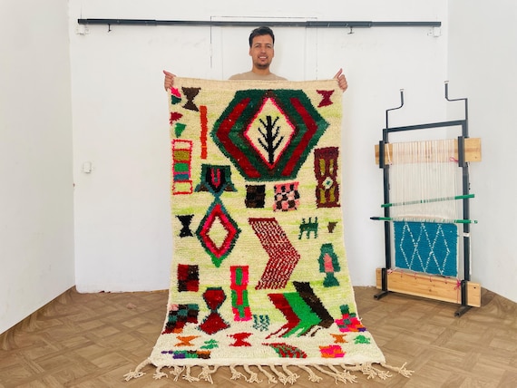 Handmade Moroccan Shag Rug | Berber Design Wool | Beni Ourain Tapis Berbere | Geometric Azilal Rug in Green