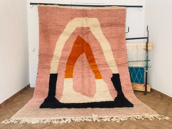 Custom Handmade Moroccan Area Rug | Pink Wool Berber Carpet Designs | Abstract Beni Ourain Hand-Knotted Styles
