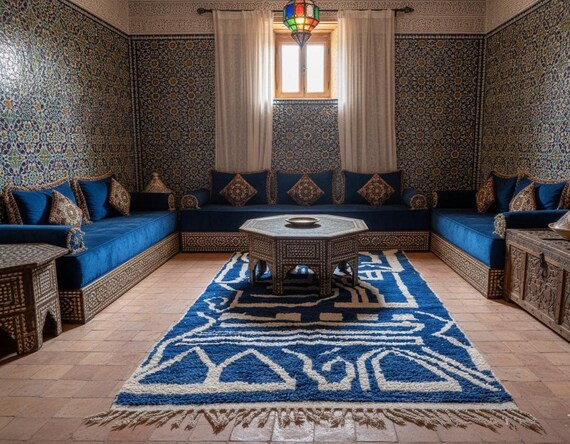 Luxury Blue White Abstract Rug | Modern Geometric Wool Carpet, Hand Knotted with Tassel Fringe