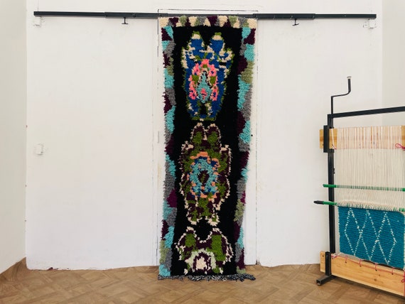 Handmade Moroccan Wool Runner Rug – Vintage Bohemian Black Rug for Kitchen and Hallway Decor