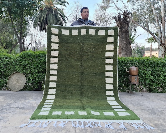 Large Checkered Moroccan Rug - Green & White Handwoven Wool Beni Ourain Rug - Modern Rustic Home Decor
