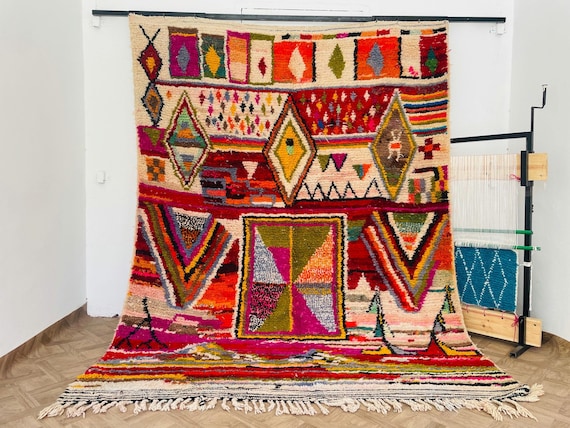 Handmade Wool Boujad Rug, Colorful Geometric Moroccan Decor