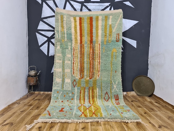 Artistic Beni Ourain Green Rug , Plaid Green Wool Rug , Beni Ouirain Rugs , Evil Eye Doormat , Green Rug , Minimalist Rug , Bohemian Rug