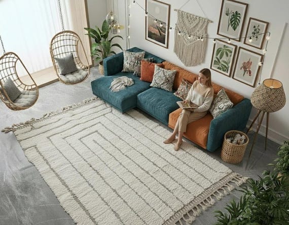 Handmade Beni Ourain Wool Rug, Moroccan Oushak Style, Living Room