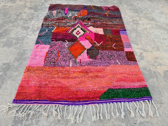 Hand-Knotted Abstract Red Boujaad Rug: Moroccan Berber Wool Carpet