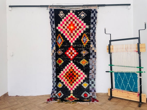 Vintage Checkered Berber Rug Runner, Boho Checker Runner Rug, Moroccan Berber Handmade Carpet, Authentic Hallway Rug