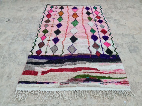 Handmade Pink Moroccan Rug: Berber Wool, Boho Diamond Design