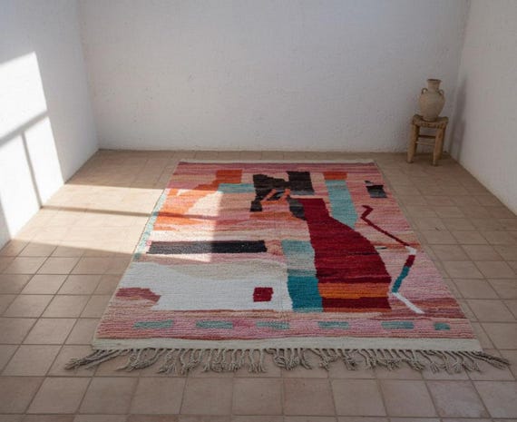 Handwoven Berber Wool Rug, Abstract Botanical Design