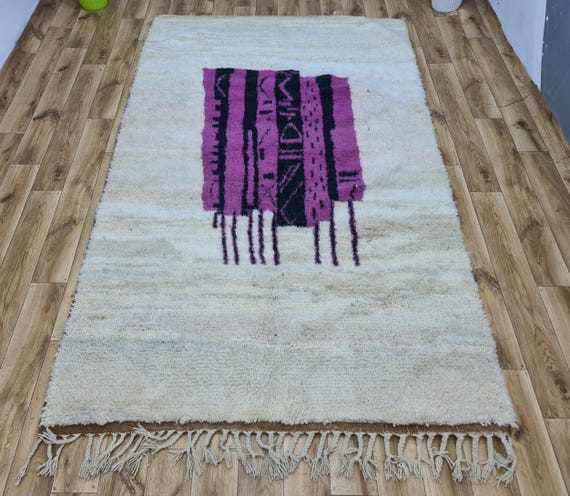 Handmade Beni Ourain Wool Rug: Cream Berber Carpet with Purple Design