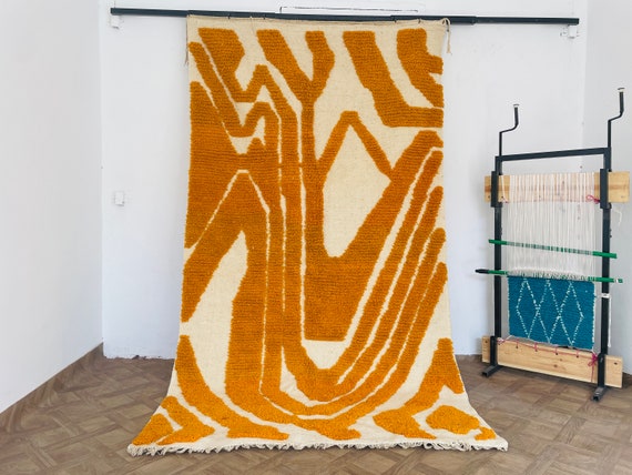 Colorful Comfort! Orange Moroccan Rug – Handmade Beni Style Carpet – 8x10 Large Area Rug – Dorm & Bedroom Aesthetic Rug – Custom Sizes