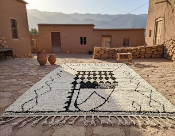 Beni ourain rug black and white - diamond moroccan rug - wool berber rug - custom size rug - living room rug - genuine lamb wool - boho rug