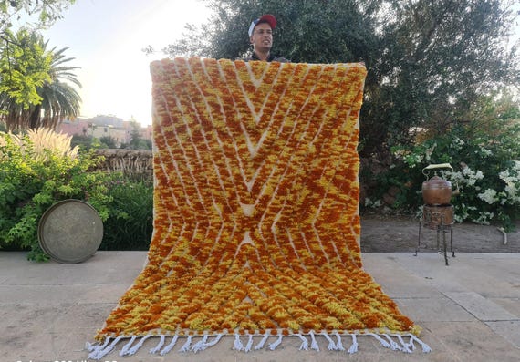 VIBRANT Moroccan Orange Rug – Handwoven Fluffy Wool Chevron Carpet | Retro Shag Berber Rug | Bright Yellow Orange Moroccan Decor