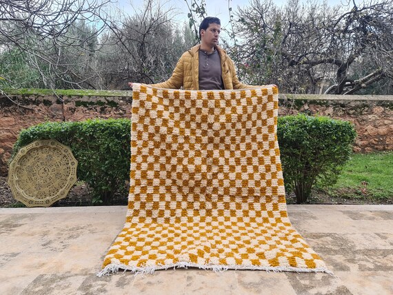 Chic Light Orange Checkered Moroccan Rug – Handmade Wool Berber Carpet – Modern Checkerboard Area Rug – Boho Moroccan Home Decor