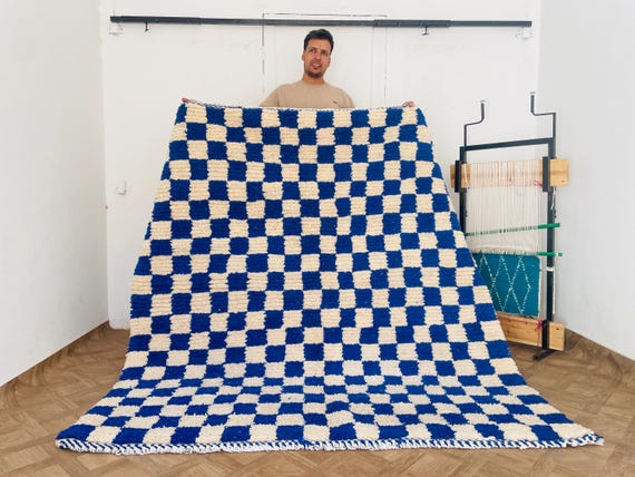 Custom Checkered Moroccan Berber Sheepskin Rug 9x12, Azilal Boujaad Blue Area Rug