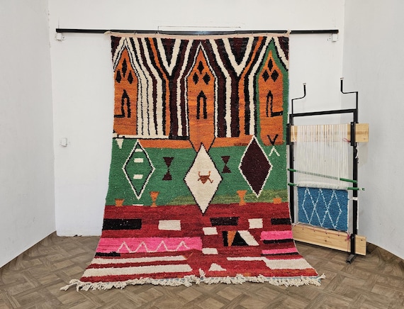 Bold & Beautiful! Custom Green Red Beni Ourain Rug – Handmade Moroccan Wool Carpet – Unique Berber Area Rug for Living Room