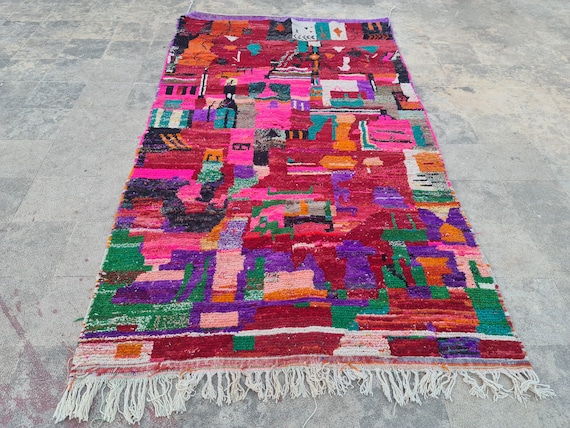 Handmade Moroccan Boujaad Wool Rug: Red Abstract Berber Carpet
