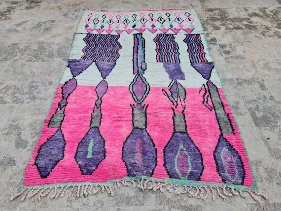 Handmade Neon Berber Wool Rug: Pink & Purple Tribal Decor