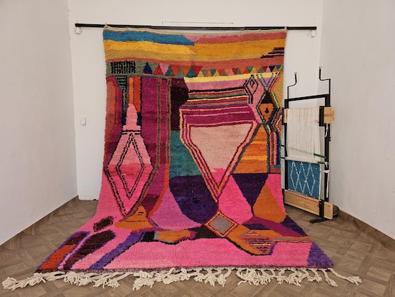 Art in Wool! Abstract Boujaad Moroccan Rug – Custom Handmade Berber Carpet – Pink & Purple Beni Style – Large Living Room Rug 10x14