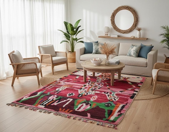 Red Wool Bohemian Rug - 4x6 Moroccan Style, Washable Handcrafted