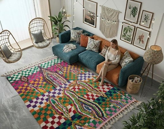 Colorful Checkered Wool Rug, Handwoven Moroccan Berber Rug