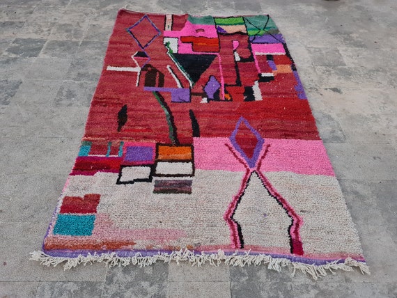 Handmade Boujaad Wool Rug: Red Pink Abstract Berber Carpet