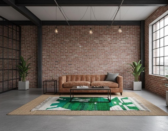 Handwoven Wool Moroccan Rug, Green & White Shag, Custom Size