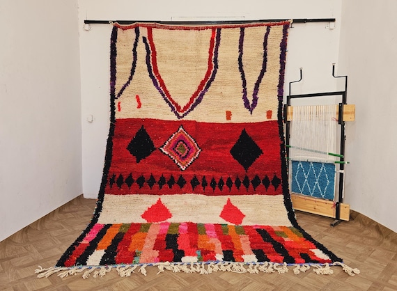 Boujaad Multicolored Moroccan Rug Berber - Wool Custom Sizes Boho Area Rug - Modern Abstract Red and White Rug - Home Decor Warming Gift