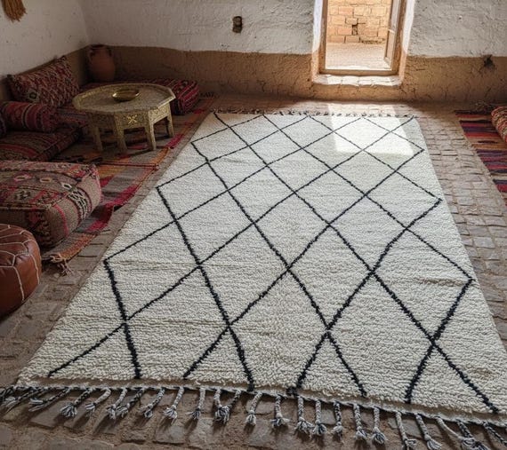 Beni Wool Rug 8x10 - Modern Black & White Diamond Pattern - High-Pile Living Room Area Rug