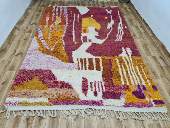 Abstract Moroccan Wool Rug: Mustard, Pink Boho Berber Carpet