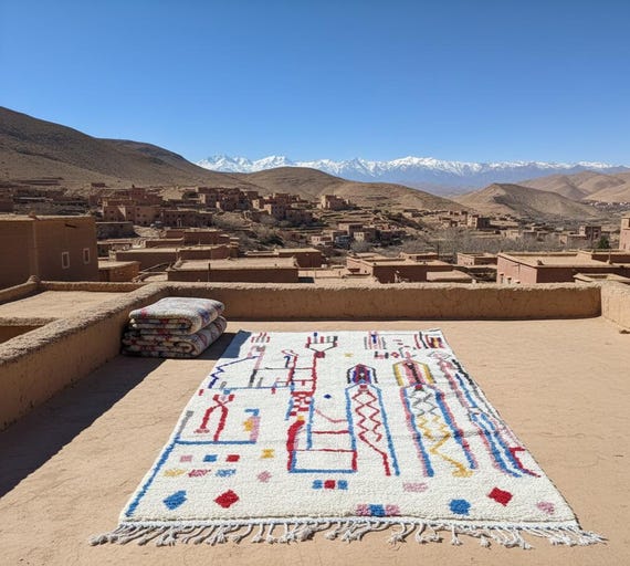 Custom 8x10 Moroccan Azilal rug with colorful geometric Berber patterns, handmade sheep wool area rug